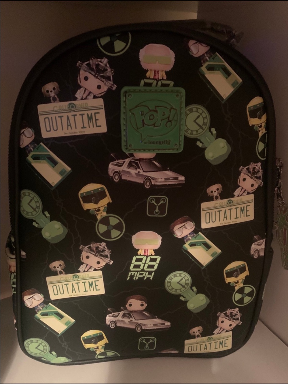 Loungefly Black Backpack with Green Neon Pop! Back to the Future Pattern